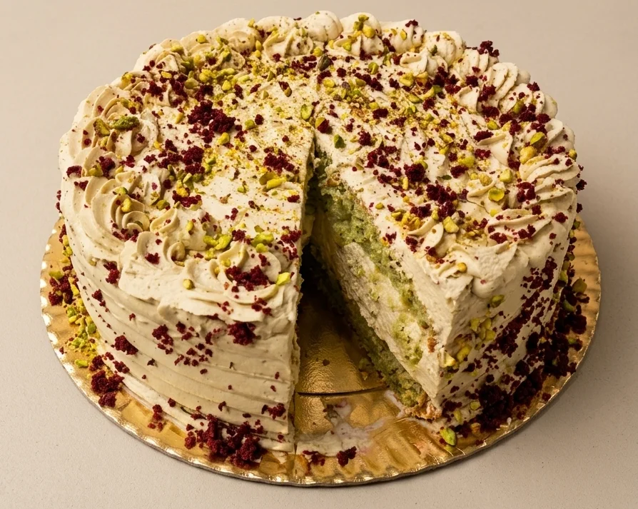 Bizcocho bundt de pistacho con una textura esponjosa de color verdoso natural