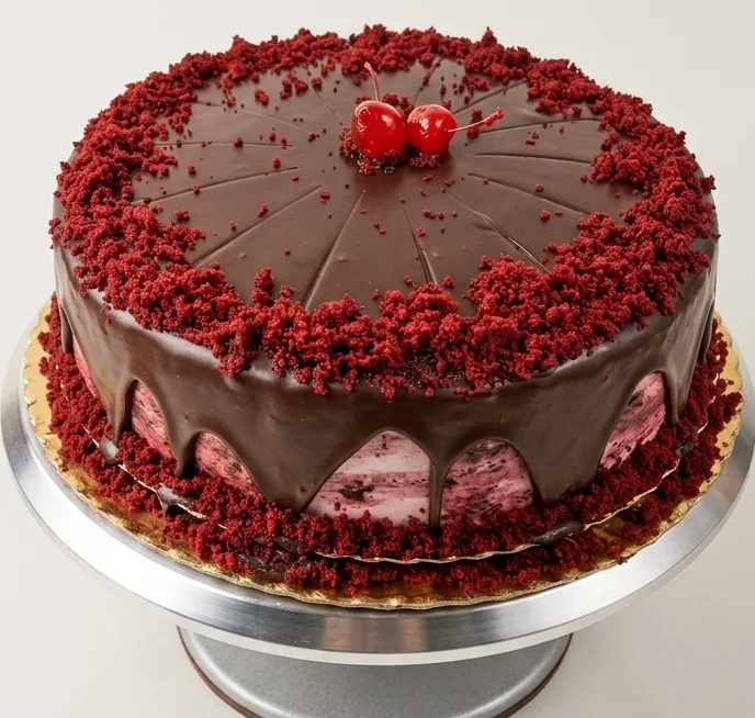 Tarta Red Velvet con un intenso color rojo en el bizcocho y crema blanca de queso