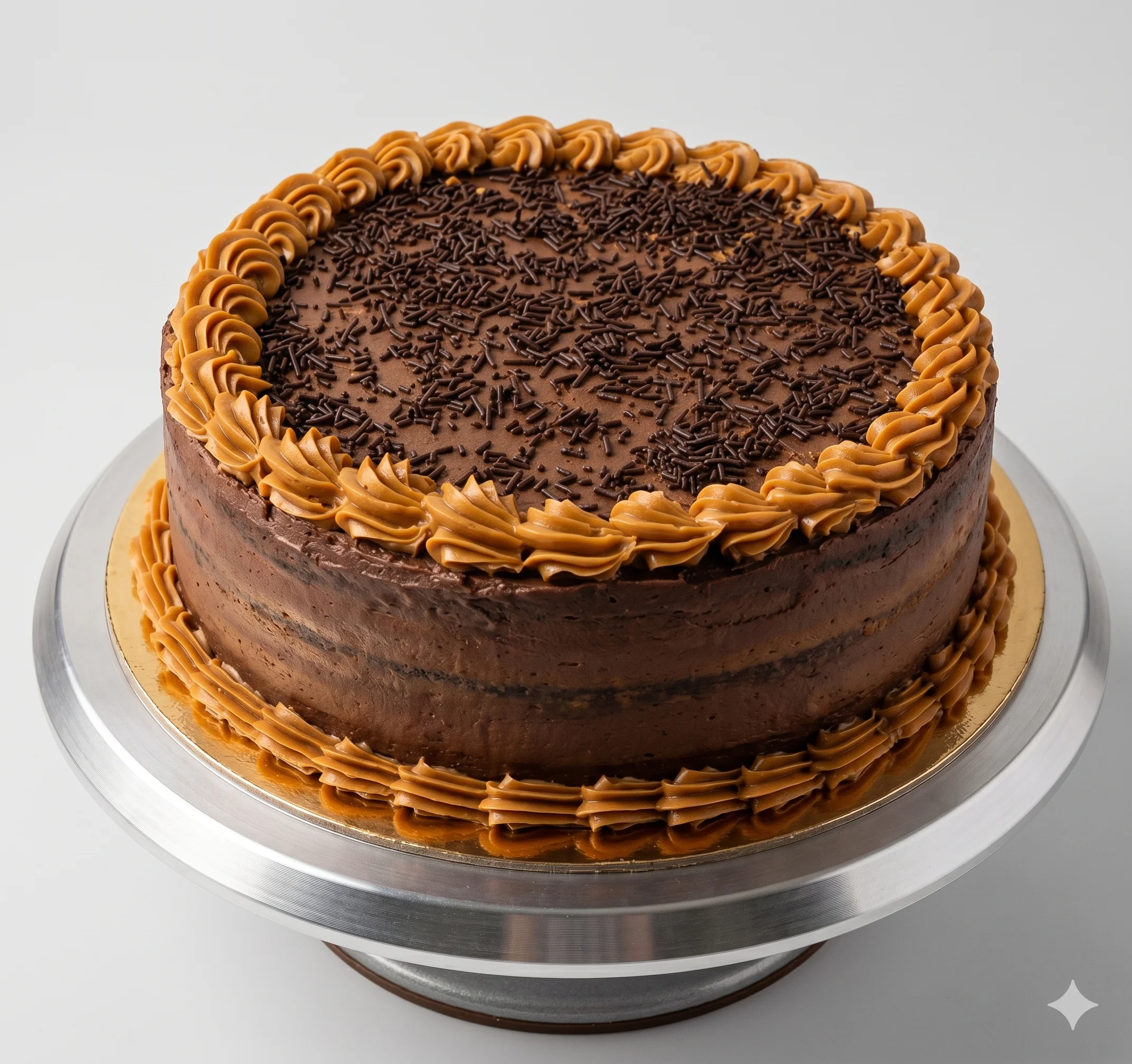 Tarta alta de chocolate y cacahuete con goteo de chocolate y trozos de cacahuete