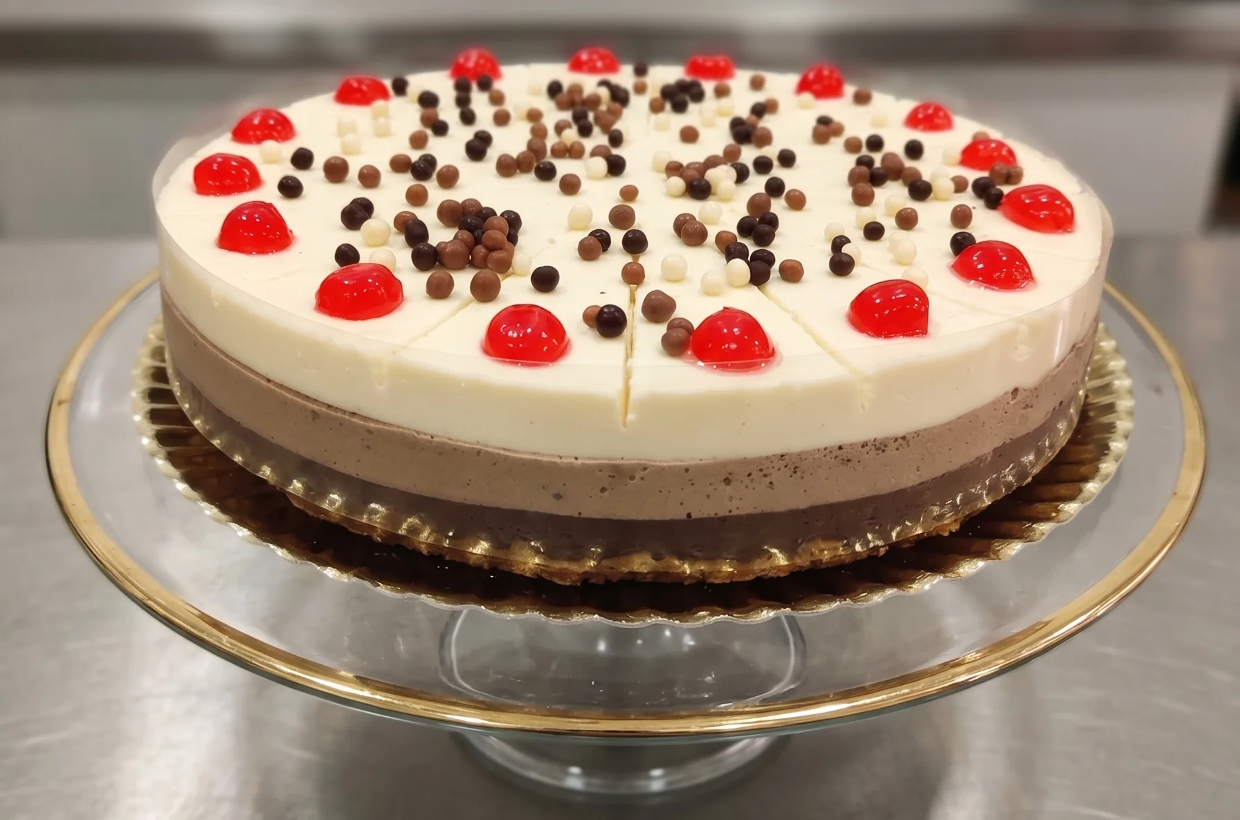 Tarta de tres chocolates con tres niveles de color degradado y decoración de virutas